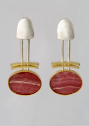 Drop earrings in silver and gold with Rhodachrosite stones